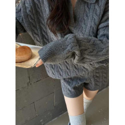 韓系POLO領麻花毛衣短褲兩件套裝女冬寬松慵懶風針織上衣時尚套裝