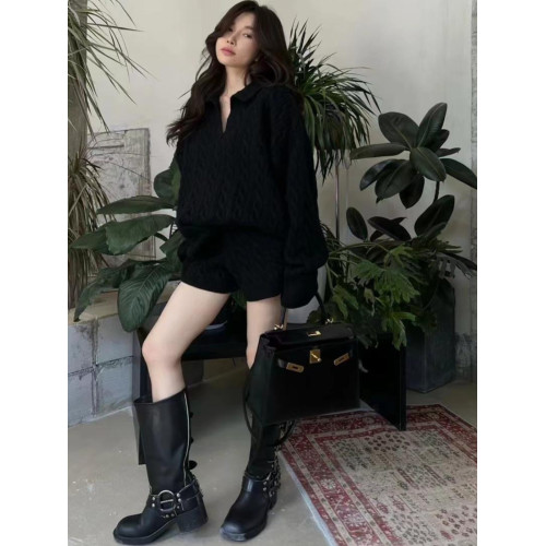 韓系POLO領麻花毛衣短褲兩件套裝女冬寬松慵懶風針織上衣時尚套裝 韓系POLO領麻花毛衣短褲兩件套裝女冬寬松慵懶風針織上衣時尚套裝