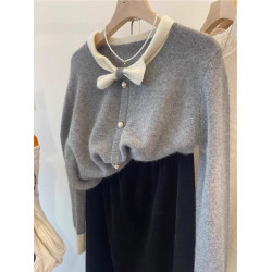 灰色浣熊絨蝴蝶結毛衣女秋冬軟糯慵懶針織開衫外套設計感打底上衣