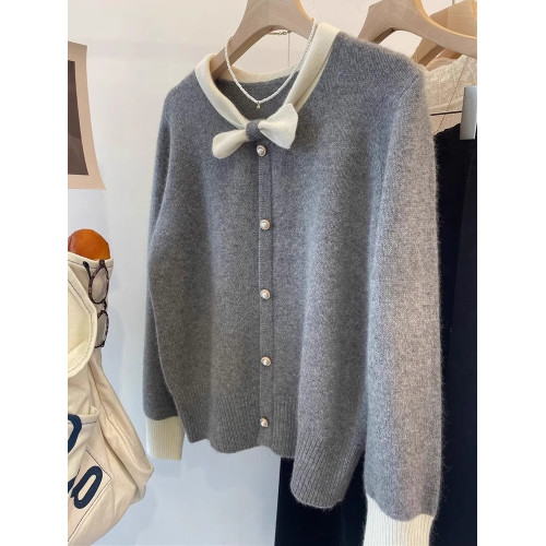 灰色浣熊絨蝴蝶結毛衣女秋冬軟糯慵懶針織開衫外套設計感打底上衣 灰色浣熊絨蝴蝶結毛衣女秋冬軟糯慵懶針織開衫外套設計感打底上衣