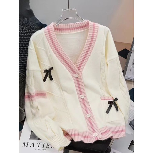 蝴蝶結毛衣外套女秋冬寬松2024新款慵懶風設計感減齡日系針織開衫