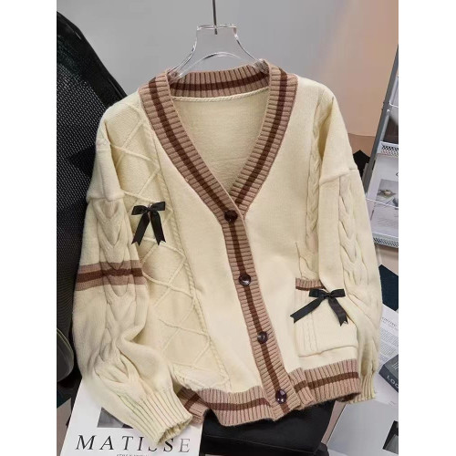 蝴蝶結毛衣外套女秋冬寬松2024新款慵懶風設計感減齡日系針織開衫