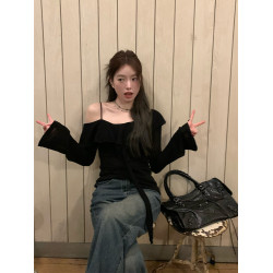 早秋新款黑色一字肩氣質長袖t恤女高級露肩設計感吊帶chic上衣女
