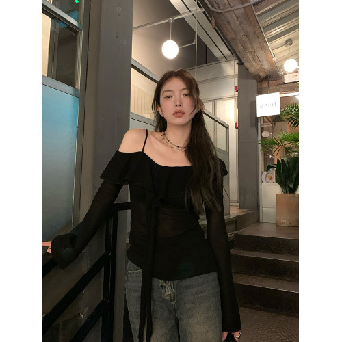 早秋新款黑色一字肩氣質長袖t恤女高級露肩設計感吊帶chic上衣女 早秋新款黑色一字肩氣質長袖t恤女高級露肩設計感吊帶chic上衣女
