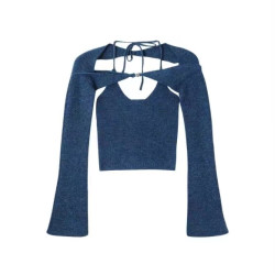 早春秋上衣單身即地獄宋智雅同款一字領克萊因藍毛衣針織衫女