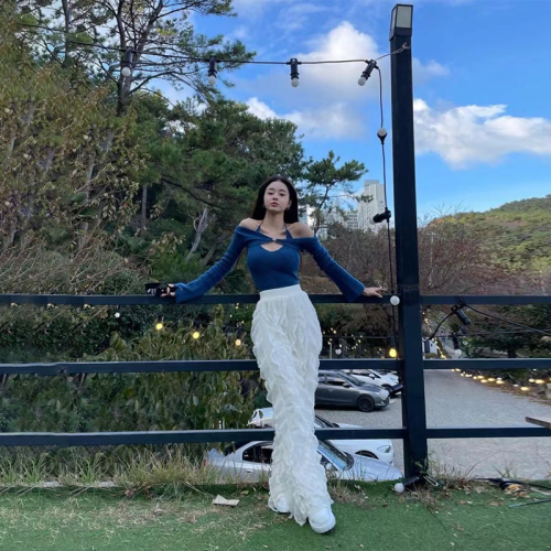 早春秋上衣單身即地獄宋智雅同款一字領克萊因藍毛衣針織衫女 早春秋上衣單身即地獄宋智雅同款一字領克萊因藍毛衣針織衫女