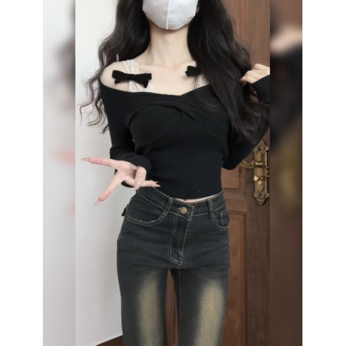 韓系純欲蕾絲一字肩長袖t恤女秋季設計感小衆蝴蝶結顯瘦短款上衣 韓系純欲蕾絲一字肩長袖t恤女秋季設計感小衆蝴蝶結顯瘦短款上衣