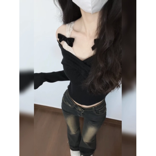 韓系純欲蕾絲一字肩長袖t恤女秋季設計感小衆蝴蝶結顯瘦短款上衣 韓系純欲蕾絲一字肩長袖t恤女秋季設計感小衆蝴蝶結顯瘦短款上衣