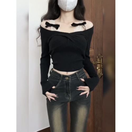 韓系純欲蕾絲一字肩長袖t恤女秋季設計感小衆蝴蝶結顯瘦短款上衣 韓系純欲蕾絲一字肩長袖t恤女秋季設計感小衆蝴蝶結顯瘦短款上衣