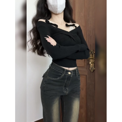 韓系純欲蕾絲一字肩長袖t恤女秋季設計感小衆蝴蝶結顯瘦短款上衣 韓系純欲蕾絲一字肩長袖t恤女秋季設計感小衆蝴蝶結顯瘦短款上衣