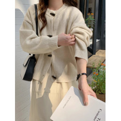 花卡色氣質高級感牛角釦毛衣開衫女秋冬新款韓系寬松百搭針織外套