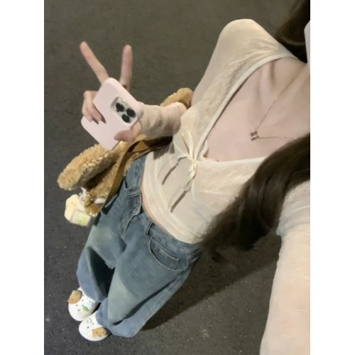 法式純欲v領蝴蝶結長袖t恤女秋季蕾絲拼接辣妹緊身短款打底衫上衣