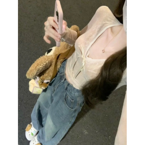 法式純欲v領蝴蝶結長袖t恤女秋季蕾絲拼接辣妹緊身短款打底衫上衣