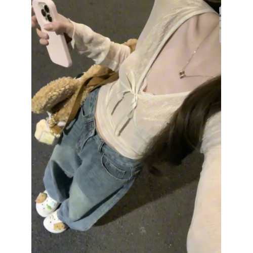 法式純欲v領蝴蝶結長袖t恤女秋季蕾絲拼接辣妹緊身短款打底衫上衣