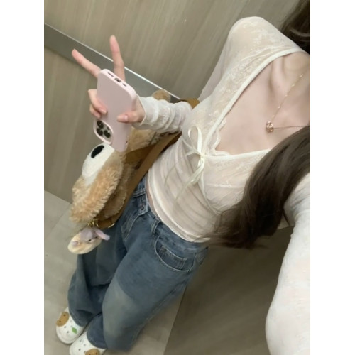 法式純欲v領蝴蝶結長袖t恤女秋季蕾絲拼接辣妹緊身短款打底衫上衣