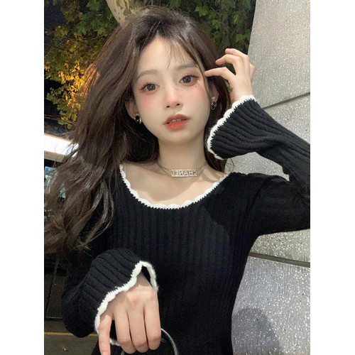 法式小香風喇叭袖木耳邊針織毛衣女秋冬高級感修身內搭打底衫上衣 法式小香風喇叭袖木耳邊針織毛衣女秋冬高級感修身內搭打底衫上衣