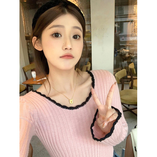 法式小香風喇叭袖木耳邊針織毛衣女秋冬高級感修身內搭打底衫上衣 法式小香風喇叭袖木耳邊針織毛衣女秋冬高級感修身內搭打底衫上衣