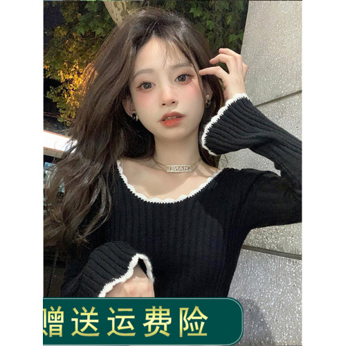 法式小香風喇叭袖木耳邊針織毛衣女秋冬高級感修身內搭打底衫上衣 法式小香風喇叭袖木耳邊針織毛衣女秋冬高級感修身內搭打底衫上衣