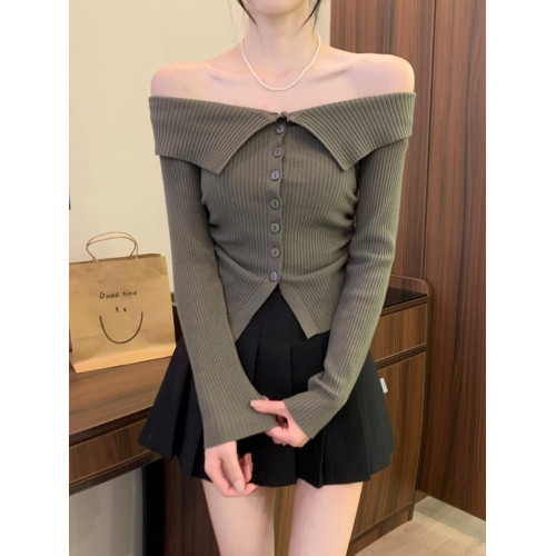 一字肩短款針織打底衫女秋冬內搭禦姐汕頭毛衣高級感露肩法式上衣