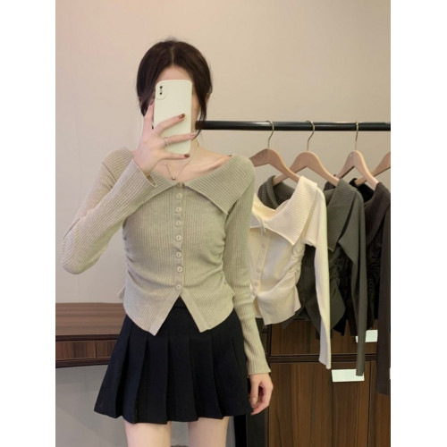 一字肩短款針織打底衫女秋冬內搭禦姐汕頭毛衣高級感露肩法式上衣