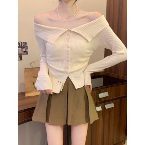 一字肩短款針織打底衫女秋冬內搭禦姐汕頭毛衣高級感露肩法式上衣