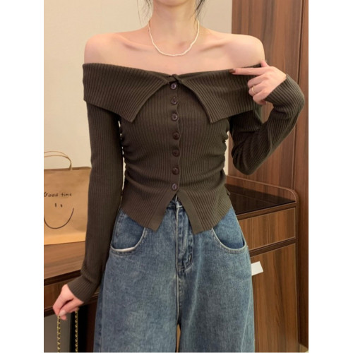 一字肩短款針織打底衫女秋冬內搭禦姐汕頭毛衣高級感露肩法式上衣