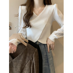 不規則交叉v領打底衫女春秋大碼胖mm顯瘦遮肉內搭針織衫短款上衣