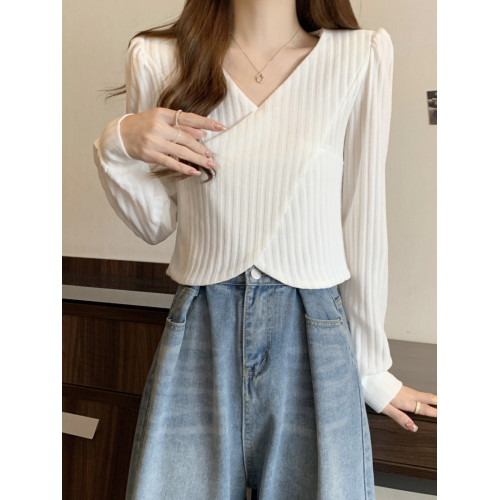 不規則交叉v領打底衫女春秋大碼胖mm顯瘦遮肉內搭針織衫短款上衣 不規則交叉v領打底衫女春秋大碼胖mm顯瘦遮肉內搭針織衫短款上衣