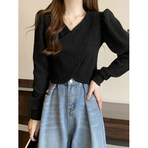 不規則交叉v領打底衫女春秋大碼胖mm顯瘦遮肉內搭針織衫短款上衣 不規則交叉v領打底衫女春秋大碼胖mm顯瘦遮肉內搭針織衫短款上衣