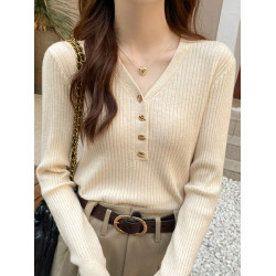 高級感V領針織打底衫女秋冬2025春季坑條洋氣軟糯毛衣ins內搭上衣