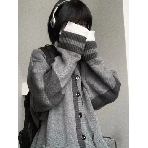秋冬灰色慵懶風開衫毛衣女學生韓版寬松百搭顯瘦針織衫上衣外穿潮
