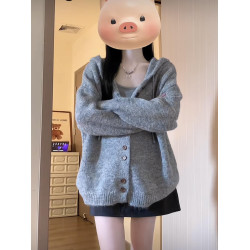 灰色連帽毛衣開衫外套女秋冬季韓系穿搭oversize慵懶風針織衫上衣