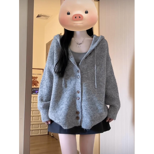 灰色連帽毛衣開衫外套女秋冬季韓系穿搭oversize慵懶風針織衫上衣 灰色連帽毛衣開衫外套女秋冬季韓系穿搭oversize慵懶風針織衫上衣