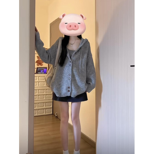 灰色連帽毛衣開衫外套女秋冬季韓系穿搭oversize慵懶風針織衫上衣 灰色連帽毛衣開衫外套女秋冬季韓系穿搭oversize慵懶風針織衫上衣