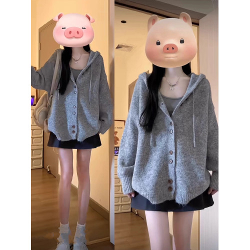 灰色連帽毛衣開衫外套女秋冬季韓系穿搭oversize慵懶風針織衫上衣 灰色連帽毛衣開衫外套女秋冬季韓系穿搭oversize慵懶風針織衫上衣