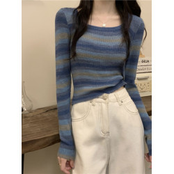 鎖骨方領毛衣條紋黑色打底衫女秋冬高級感氣質內搭撞色針織衫上衣