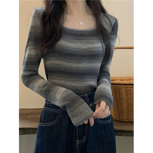 鎖骨方領毛衣條紋黑色打底衫女秋冬高級感氣質內搭撞色針織衫上衣 鎖骨方領毛衣條紋黑色打底衫女秋冬高級感氣質內搭撞色針織衫上衣