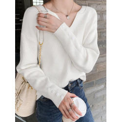 溫柔風V領軟糯針織毛衣女春秋冬季大碼寬松內搭螺紋別致打底上衣