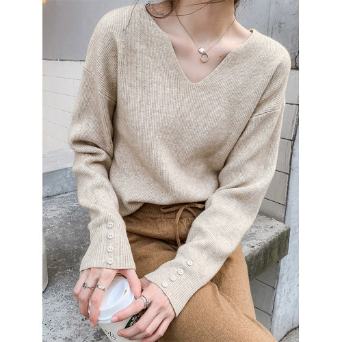 溫柔風V領軟糯針織毛衣女春秋冬季大碼寬松內搭螺紋別致打底上衣