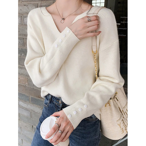 溫柔風V領軟糯針織毛衣女春秋冬季大碼寬松內搭螺紋別致打底上衣