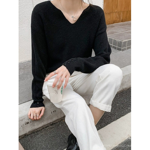 溫柔風V領軟糯針織毛衣女春秋冬季大碼寬松內搭螺紋別致打底上衣