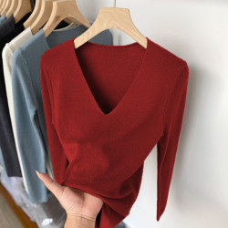 秋季V領羊毛內搭針織衫女修身細針氣質軟糯打底衫長袖雞心領毛衣