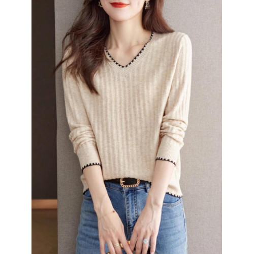 秋冬長袖t恤女打底衫2025新款洋氣減齡寬松上衣v領針織衫內搭小衫