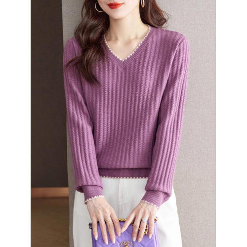 秋冬長袖t恤女打底衫2025新款洋氣減齡寬松上衣v領針織衫內搭小衫