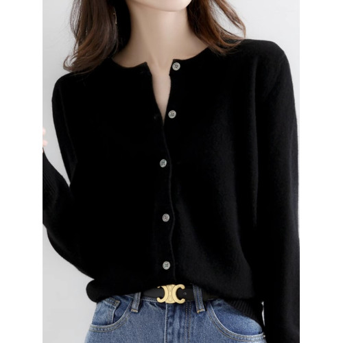 2025春秋開衫外套圓領寬松短款長袖毛衣外搭針織打底羊毛衫黑色女