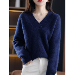 秋冬新款針織衫女寬松加厚V領毛衣韓版慵懶春秋純色套頭寬松上衣