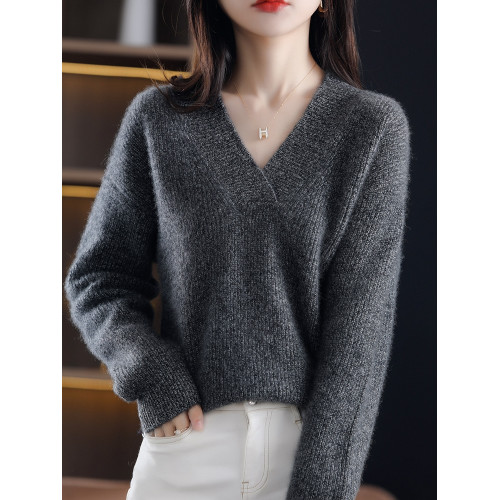 秋冬新款針織衫女寬松加厚V領毛衣韓版慵懶春秋純色套頭寬松上衣 秋冬新款針織衫女寬松加厚V領毛衣韓版慵懶春秋純色套頭寬松上衣