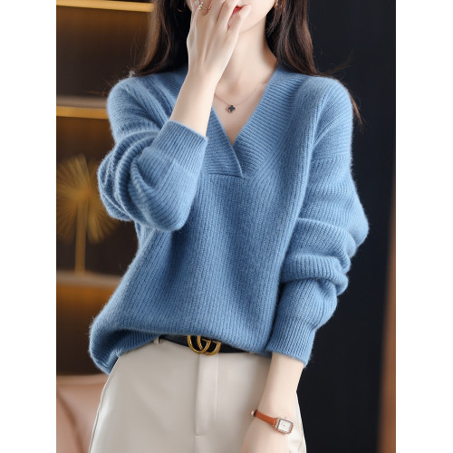 秋冬新款針織衫女寬松加厚V領毛衣韓版慵懶春秋純色套頭寬松上衣 秋冬新款針織衫女寬松加厚V領毛衣韓版慵懶春秋純色套頭寬松上衣