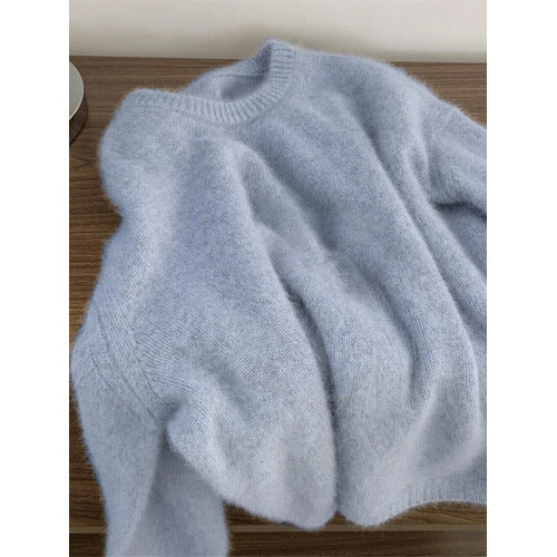 軟糯奶fufu浣熊絨藍色毛衣女秋冬高級感馬海毛寬松針織衫外穿上衣