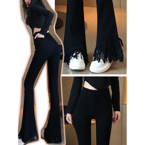 微喇叭褲女2025年春秋季新款高腰顯瘦流蘇毛邊黑色垂感馬蹄長褲子 微喇叭褲女2025年春秋季新款高腰顯瘦流蘇毛邊黑色垂感馬蹄長褲子